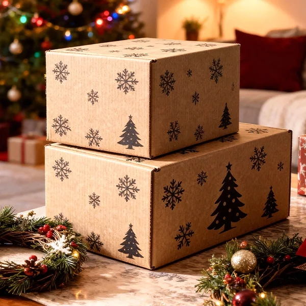 Printed seasonal cartons; not a fitted wreath box